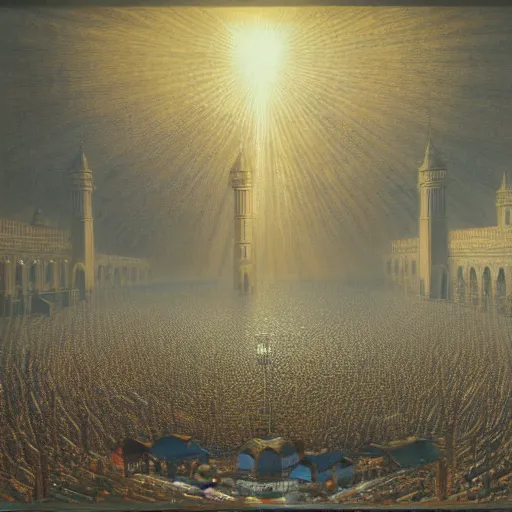 Image similar to painting of mecca on hajj day, highly detailed, volumetric lighting, god rays, by gustave dore and john collier