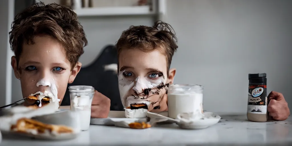 Prompt: jason from halloween eating a peanut butter and marshmallow fluff sandwich with a glass of milk in the kitchen, ultrafine detail, mid day lighting