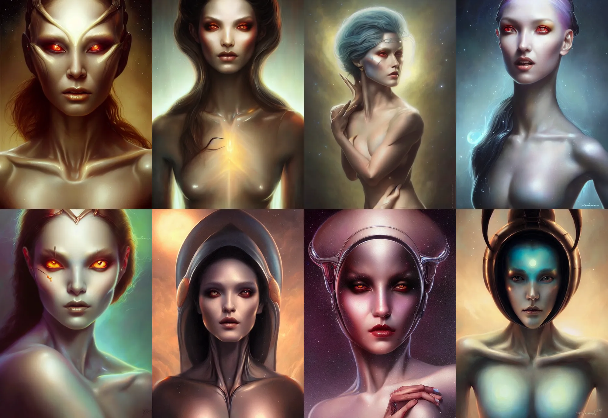 Prompt: a beautiful alien woman with vitreous skin, painted by artgerm and tom bagshaw, fantasy art, dramatic lighting, highly detailed oil painting