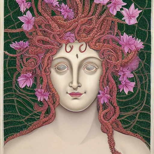 Image similar to detailed, portrait of medusa, surrounded by lotus flowers and geometry