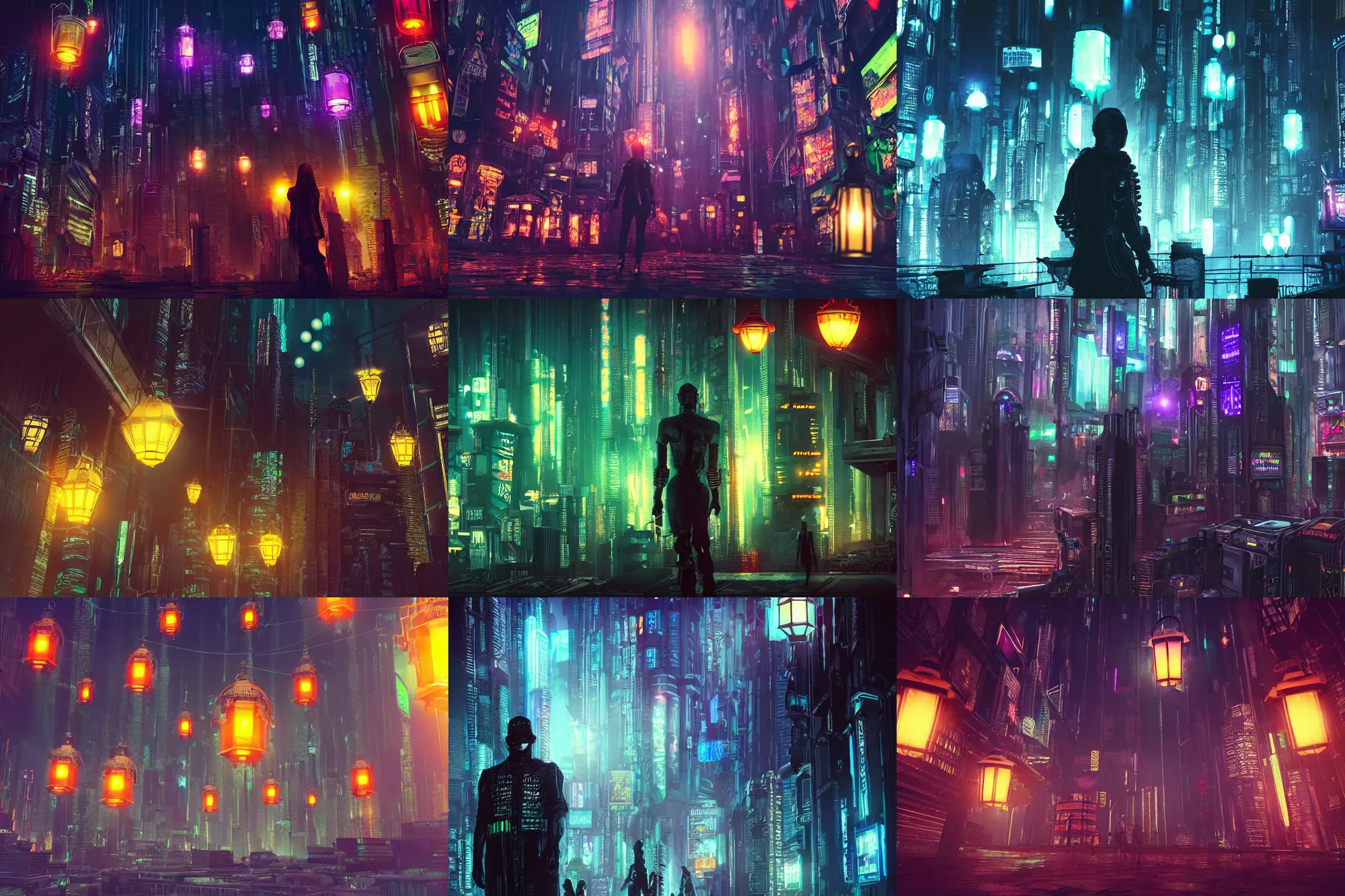 Prompt: style : cyberpunk. composition : long shot ; low angle. key words : digital art ; detailed ; 4 k. scenery : a gothic city. subject : none. details : at night ; lanterns.