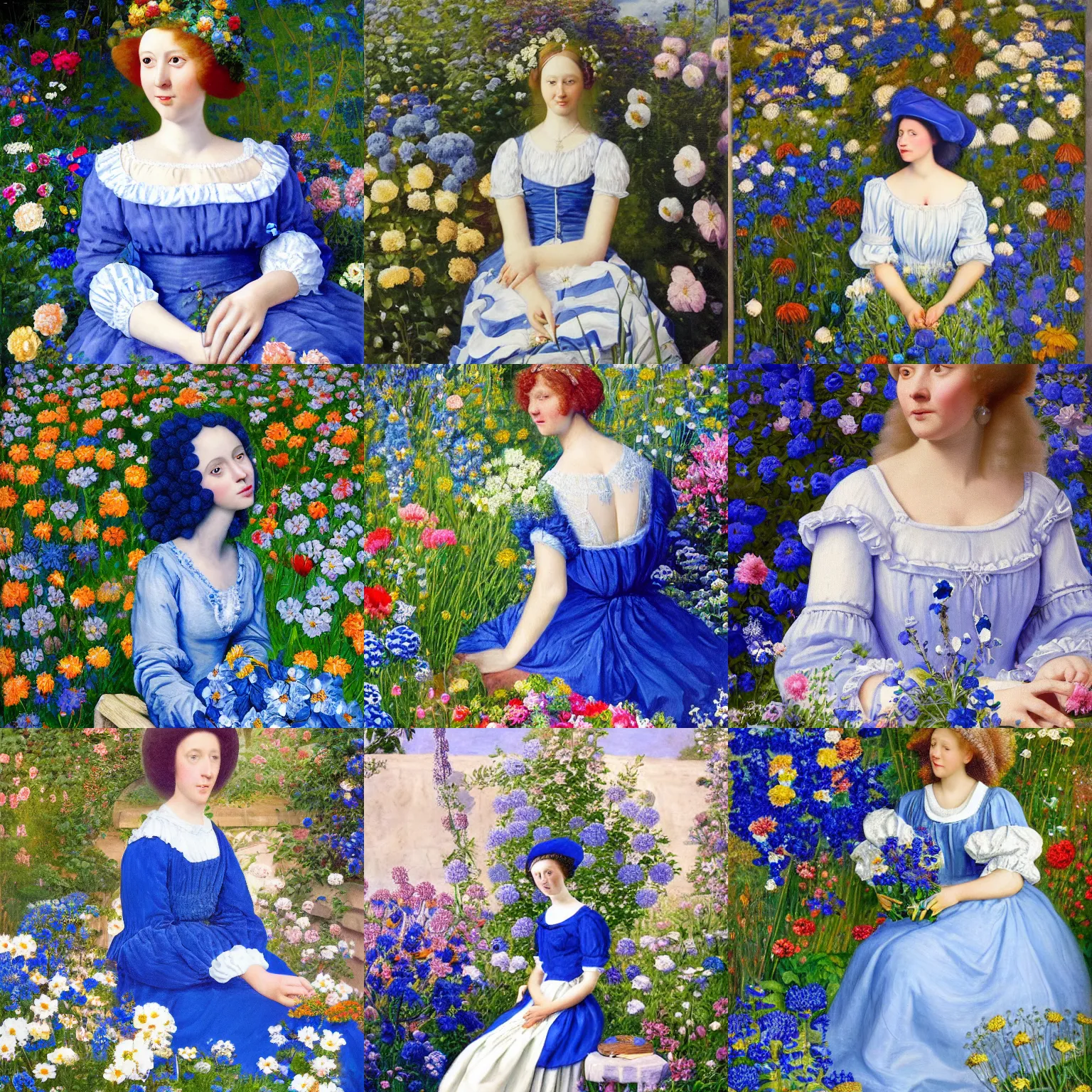 Prompt: a woman in a blue and white dress sitting in a garden of blue flowers, a photorealistic painting by hubert van eyck, featured on cg society, art photography, made of flowers, whimsical, detailed painting