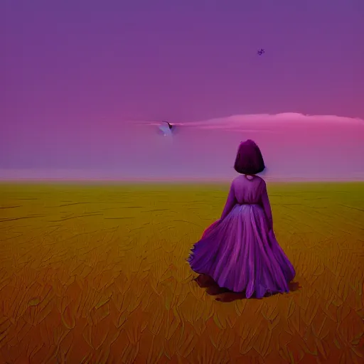 Prompt: portrait, giant purple dahlia flower head, girl walking between dunes, surreal photography, sunrise, blue sky, dramatic light, impressionist painting, digital painting, artstation, simon stalenhag