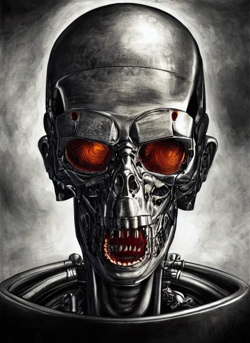 Image similar to portrait of terminator, by wayne barlow, stanley donwood, anton semenov, zdzislaw bekinski, hr giger, 8 k, sci fi, dark, highly detailed