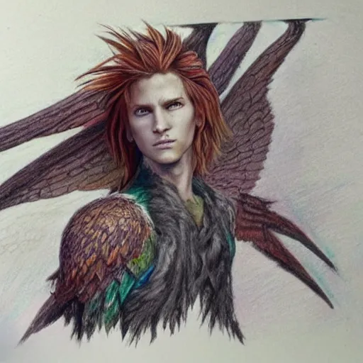 Image similar to hyper realistic color pencil drawing of a young male fairy druid with hawk wings, D&D character Art, detailed, rim light, diffused, intricate