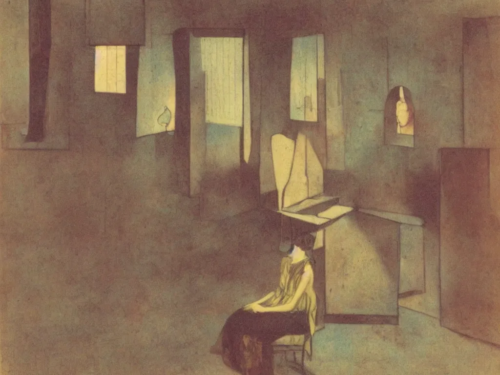 Image similar to a lonely girl in an empty room, colored daguerreotype, by Mackintosh, by max Ernst, art noveau, bright pastel colors,