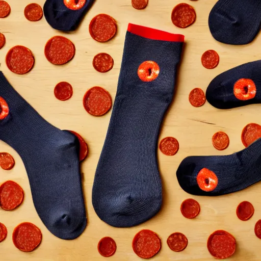 Image similar to pepperoni pizza but instead of pepperoni is socks