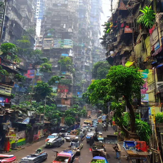 Image similar to streets of mumbai, future, mossy buildings, high fidelity, uncompressed png
