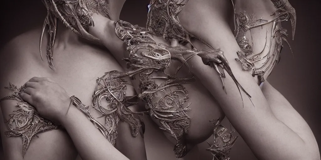 Image similar to hyper realistic photography of a stunningly beautiful cyborg female, elbow, plated arm, intimate, holding close, ribbons, in the style of beth cavener, jin kagetsu,, and wlop, highly detailed, intricate filigree, symmetry, masterpiece, award winning, sharp focus, concept art, highkey lighting, ambient lighting, octane render, 8 k, artstation