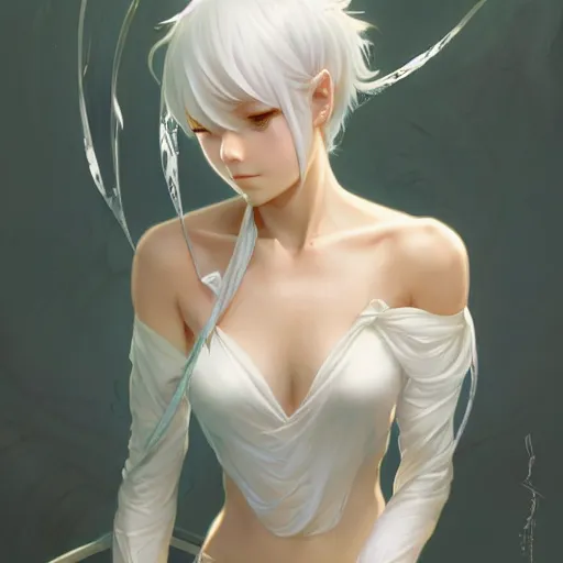 anime girl, petite body, flat chest, white hair