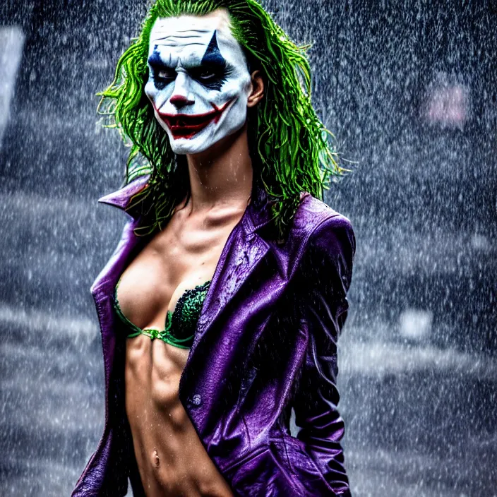 Image similar to fully body pose, photo of a very beautiful!! victoria secret model, the joker, wet hair, raining, 8 k, hdr, smooth, sharp focus, high resolution, award - winning photo, trending on artstation, dslr, 5 0 mm