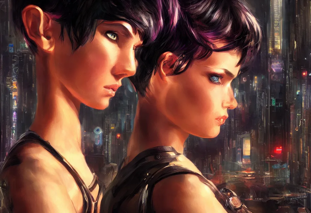 Prompt: a portrait of a beautiful girl, small horns on her head, short black hair, pixie cut, cyberpunk style, futuristic, realism, wide shot, dramatic lighting, digital art, 8k resolution, high detail, by Boris Vallejo