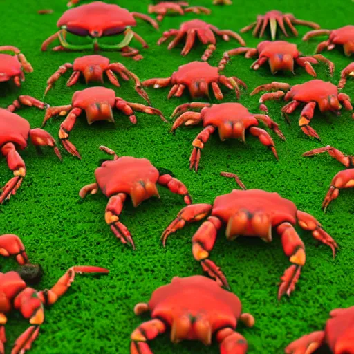 Image similar to large group of crabs and worms, crawling along a bed of moss, low poly, creeper world, handcrafted, artstation, hyperrealistic, hard light, best practices, creeptastic, photorealism, macro perspective, cuddly, Voidless of the Festival!, The Graveyard!!, Blood moon tentacles, outsider art!!!