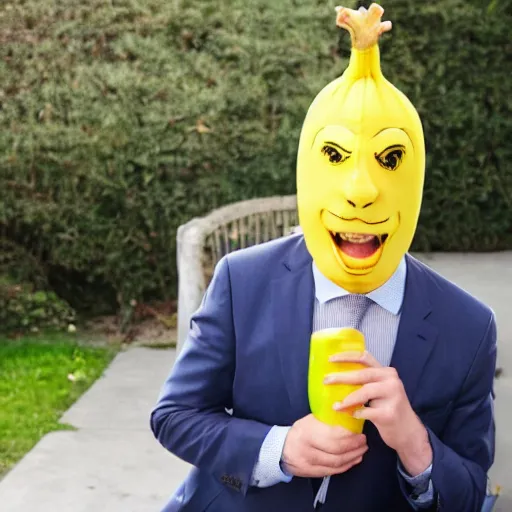 Image similar to banana head, a man wearing a suit banana head