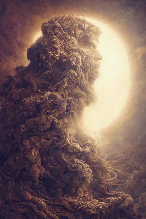 Prompt: Intricate stunning highly detailed deity by agostino arrivabene, Greg Rutkowski , surreal, digital painting, ultra realistic, Horror vacui, beautiful lighting, full moon, ravens, thick black swirling smoke tornado, burning fire embers, artstation