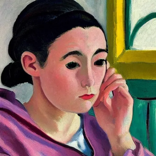 Prompt: early morning. a young woman wearing a cozy hoodie, with double buns hairstyle is texting on her smartphone. sunlight is entering through the window and beautifully lighting the face. depth of field, backlit, closeup, oil on canvas, art by henri matisse 1 9 4 4, in the style of dance by henri marisse, 1 9 1 0, smooth, fauvism, 2 k