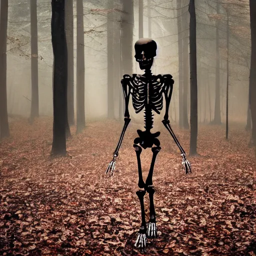 Prompt: a mysterious photography of a skeleton walking in a wood, hyper detailed, dark, 8 k, hd,