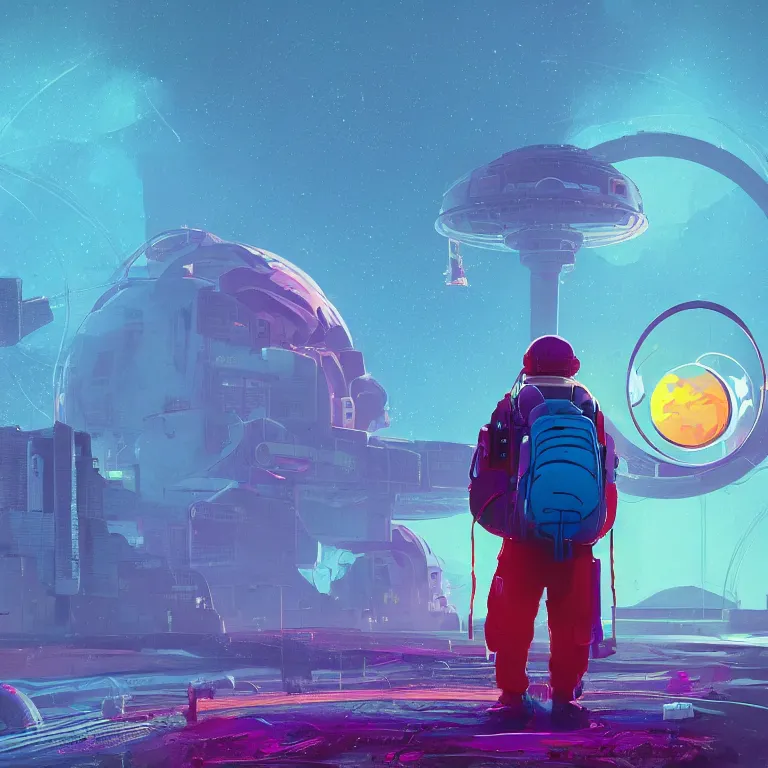 Prompt: a circle portal structure floating in outer - space, person wearing a backpack, cyberpunk, epic surrealism, indigo, bright red, purple, cyan, lime green, detailed digital matte painting in the style of simon stalenhag and painting by ralph mcquarrie