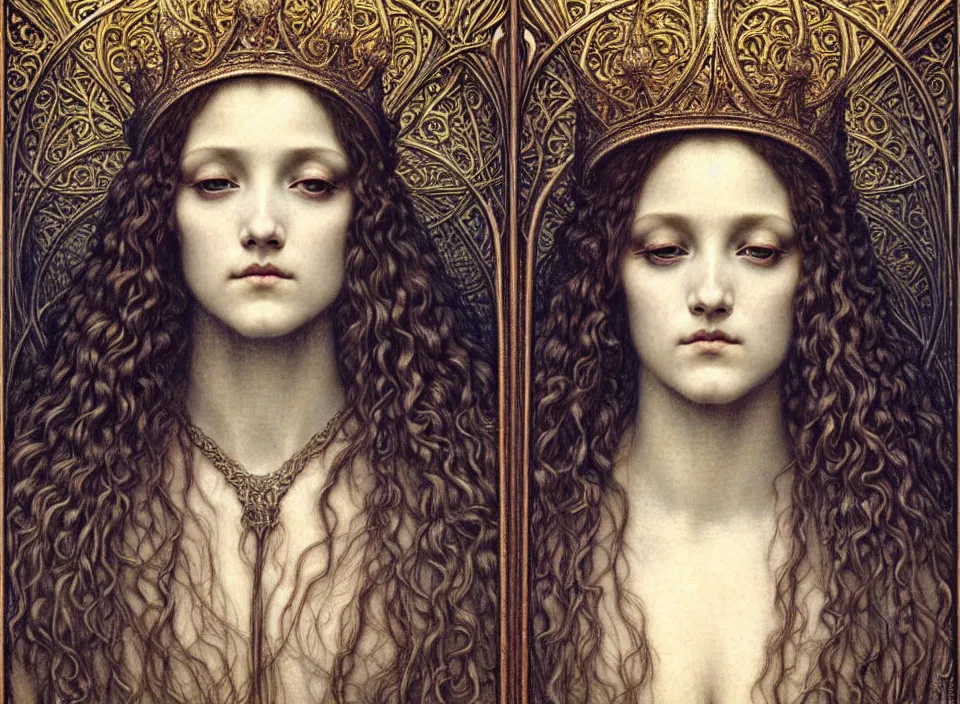 Image similar to detailed realistic beautiful young medieval queen face portrait by jean delville, gustave dore and marco mazzoni, art nouveau, symbolist, visionary, gothic, pre - raphaelite. horizontal symmetry