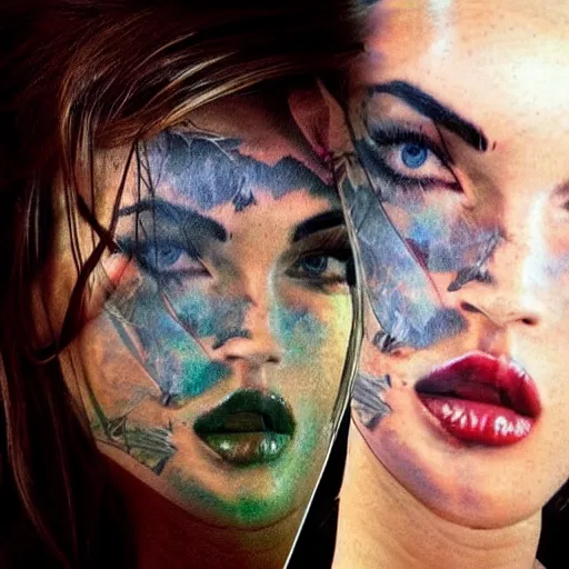 Image similar to megan fox face double exposure effect with beautiful mountain scenery, tattoo design sketch, in the style of matteo pasqualin, amazing detail
