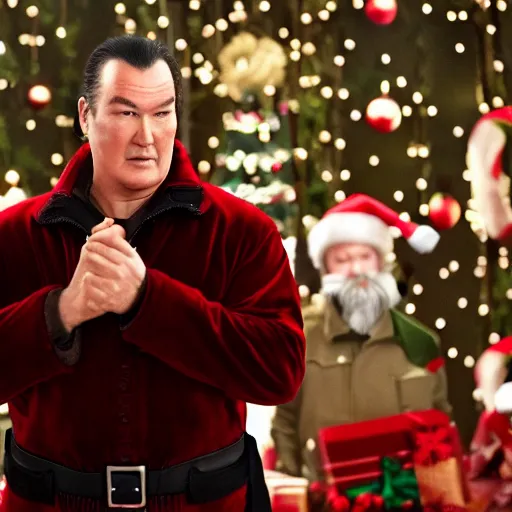 Prompt: Still from a Hallmark christmas movie starring Steven Seagal