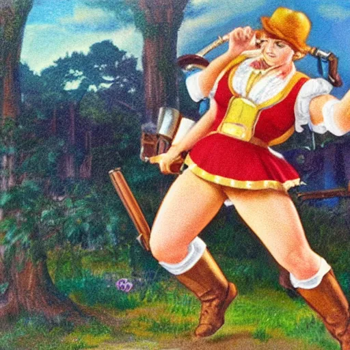Image similar to an old timey country portrait of nintendo's kirby wearing daisy dukes with a flintlock pistol