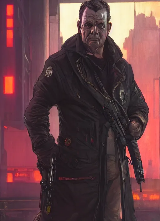 Prompt: Modern Winston Churchill. Cyberpunk assassin in tactical gear. blade runner 2049 concept painting. Epic painting by James Gurney, and Alphonso Mucha. ArtstationHQ. painting with Vivid color. (Apex Legends, Overwatch, Fortninte, rb6s, Cyberpunk 2077)