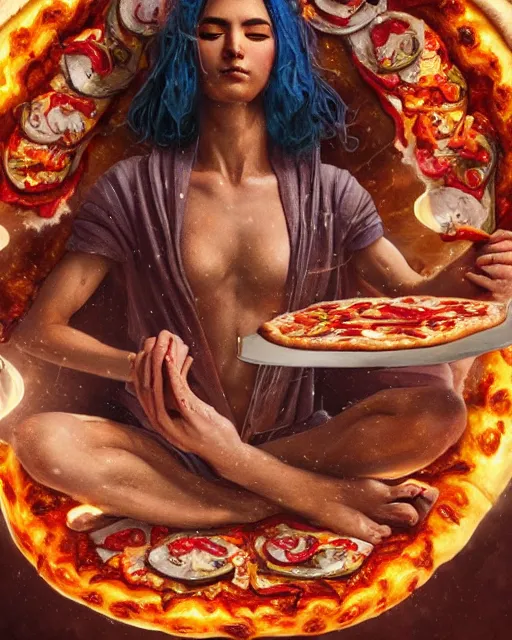 Prompt: detailed photo of meditating pizza monk, beautiful, 8 k, by tristan eaton, stanley artgermm, tom bagshaw, greg rutkowski, carne griffiths, trending on deviantart, hyper detailed, glorious lighting, epic environment