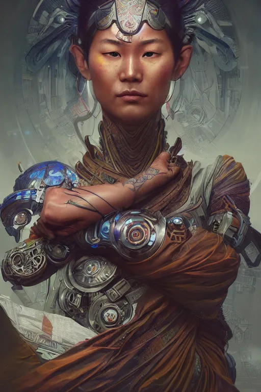 Image similar to Ultra realistic illustration, Cyborg Tibetan monk, cyberpunk, sci-fi, fantasy, intricate, elegant, highly detailed, digital painting, artstation, concept art, smooth, sharp focus, illustration, art by artgerm and greg rutkowski and alphonse mucha