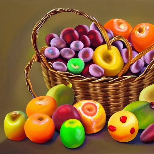 Prompt: photorealistic painting of a gift basket with fruit chocolate and toys