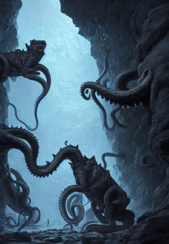 Prompt: three lovecraftian mastiffs attacking inside a claustrophobic dark blue canyon of stone, tentacles of black shadow, monsters, digital art, greg rutkowski, unreal engine, octane render, cinematic lighting, highly detailed