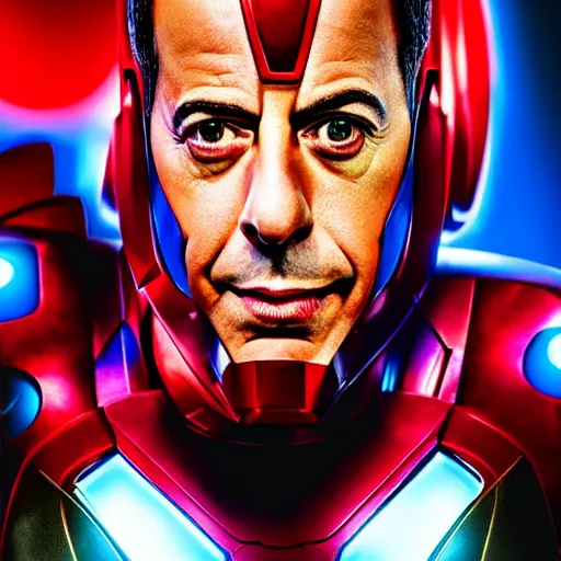 Image similar to jerry seinfeld as iron man, still from marvel avengers movie, cinematic lighting, portrait, high definition, 8 k, hyperrealism, extremely detailed