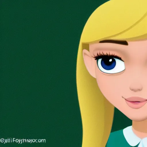 Image similar to Disney animation of a cute blonde girl with green eyes, symmetrical face