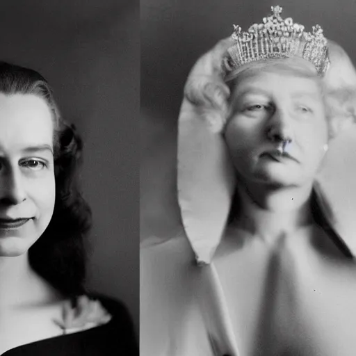 Image similar to A portrait photo of queen elizabeth teams up with a teenage queen elizabeth, perfect faces, 50 mm, award winning photography