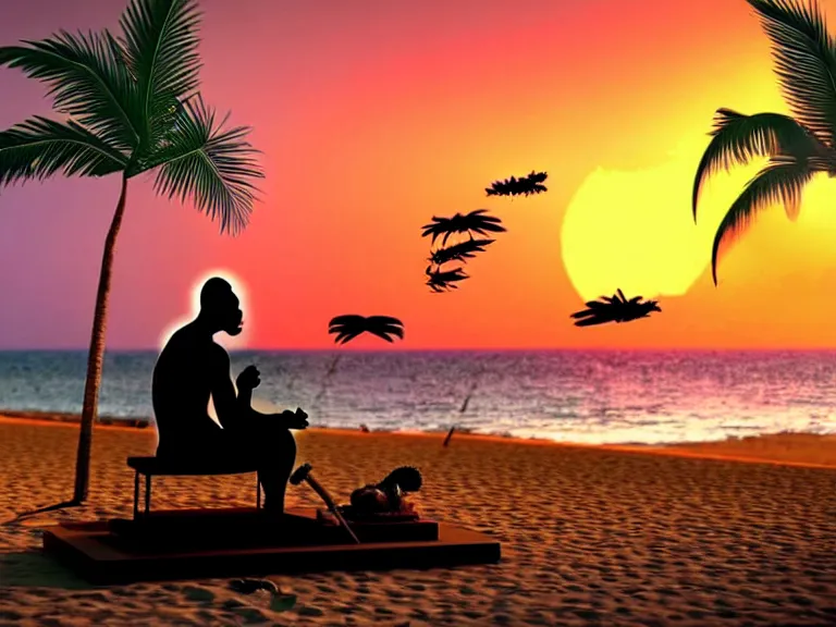 Prompt: gandhi sitting on a beach next to a campfire with palm trees in the back, holding a cigar, sunset, surrounded by animals parrot turtle lizard crab coconuts, glorious lighting, epic environment, highly detailed, digital art, hyper realistic