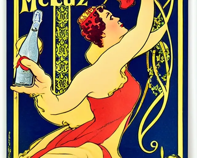 Prompt: art nouveau tin poster, dancer, melchizedek champagne bottle. cheerful, bright