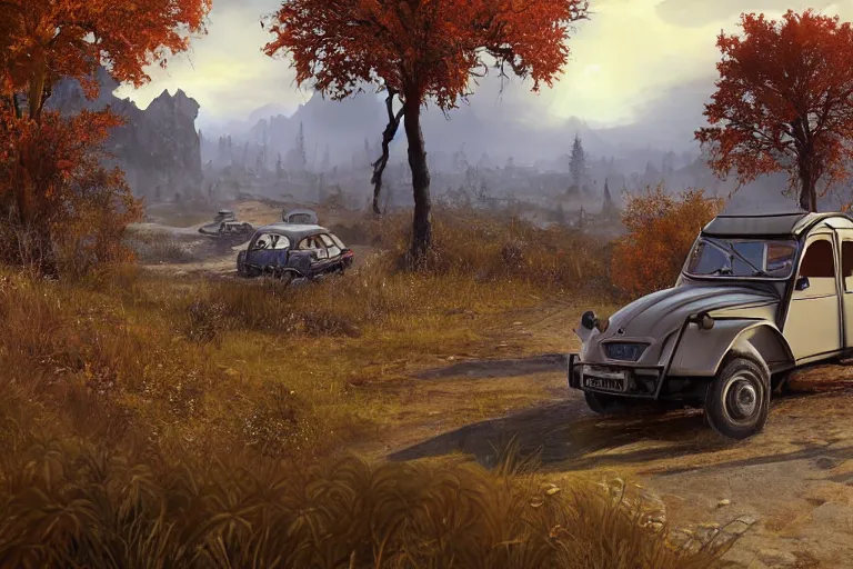 Prompt: offroad citroen 2 cv ( 1 9 6 5 ) driving across the rift, riften city in the background, epic fantasy, autumn, the elder scrolls v : skyrim, dramatic lighting, establishing shot, by simon stalenhag