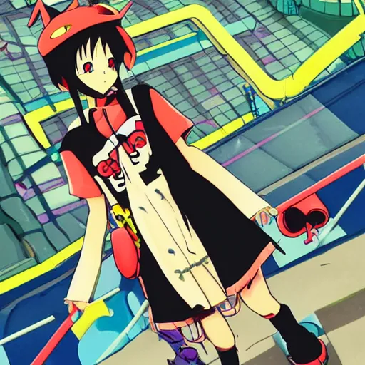 Image similar to anime girl with eccentric clothes, eccentric hairstyle, cel - shading, 2 0 0 1 anime, flcl, jet set radio future, golden hour, underground facility, underground tunnel, pipes, rollerbladers, rollerskaters, cel - shaded, jsrf, strong shadows, vivid hues, y 2 k aesthetic