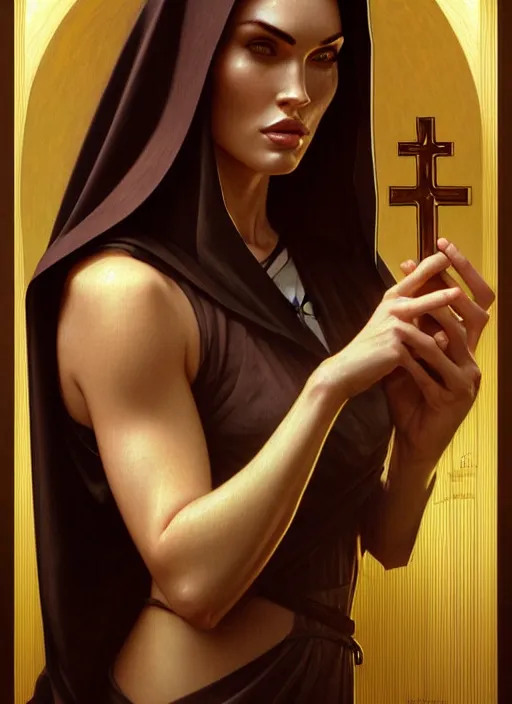 Image similar to portrait of megan fox as a nun, catholic, church, bible, christian, intricate, headshot, highly detailed, digital painting, artstation, concept art, sharp focus, cinematic lighting, illustration, art by artgerm and greg rutkowski, alphonse mucha, cgsociety