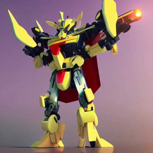 Image similar to A McDonalds Gundam, dynamic pose, greebles, anime, octane render, ultrarealistic