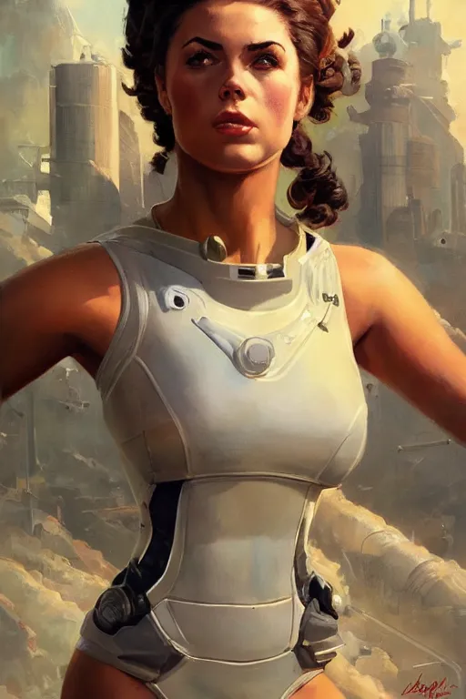 Prompt: upper body head portrait of scifi elegant adriana chechik tight spacesuit, cinematic, detailed, dynamic, norman rockwell, adebanji alade, everett raymond kinstler, artgerm, daniel gerhartz, greg rutkowski, 5 0 s pulp science fiction illustration