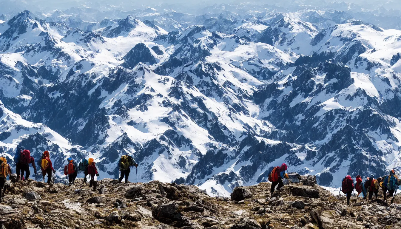 Prompt: mountaineers hiking, view from above, kilian eng, silhouettes