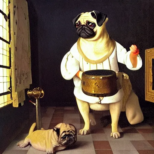 Prompt: painting of a Pug leading an orchestra. By Johannes Vermeer.