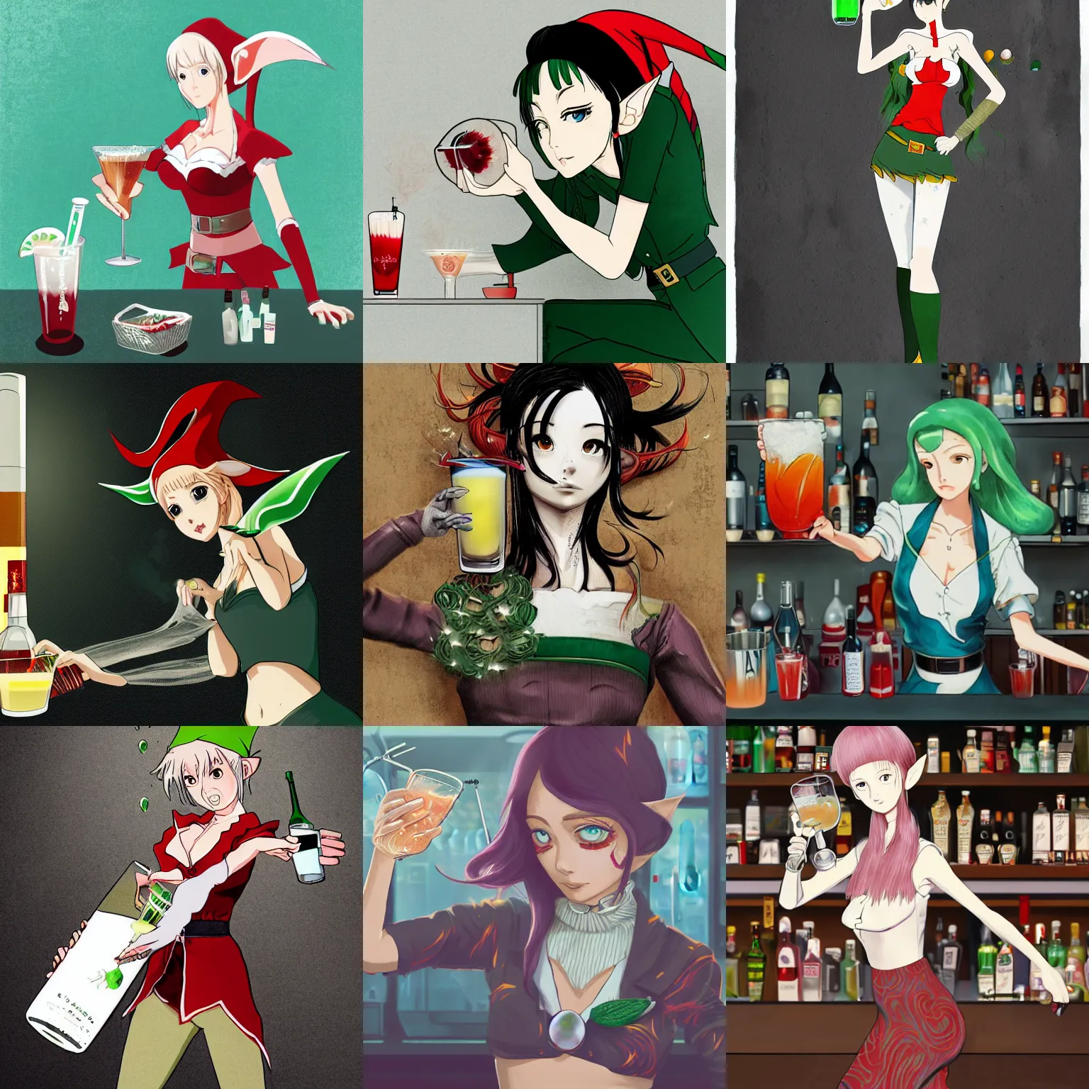 Prompt: A female elf bartender wearing contemporary clothes mixing a drink, digital illustration, detailed face, detailed background, Hayao Miyazaki, Masashi Ando, Monkey Punch, Takada Akemi