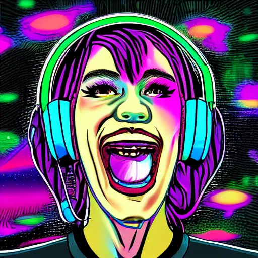 Prompt: artgerm, psychedelic laughing ghost - boo, rocking out, headphones dj rave, digital artwork, r. crumb, svg vector