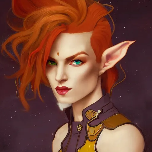 Image similar to dnd character portrait of a beautiful and androgynous half - elf with messy short red hair and catlike features and dark skin and yellow eyes with slit pupils, glowing, golden hour, wearing a colorful men's suit, realistic painting by ross tran and gerald brom and alphonse mucha, trending on artstation