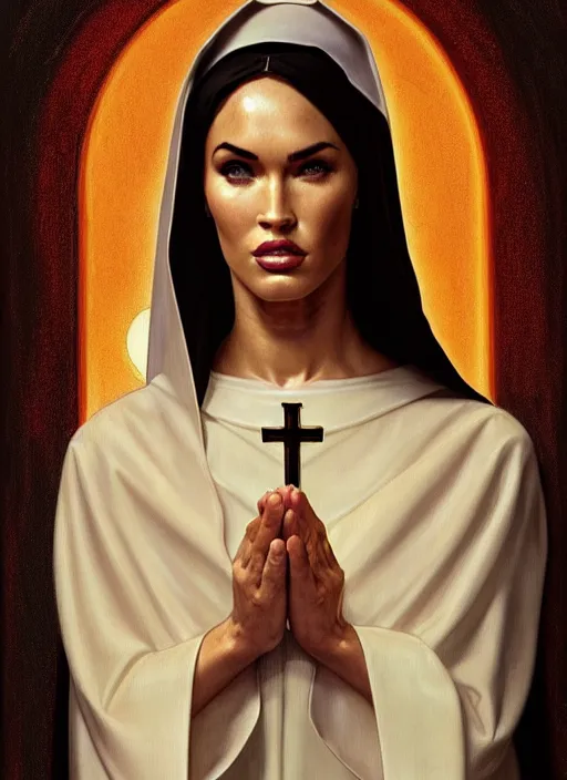 Image similar to portrait of megan fox as a sultry nun, catholic, church, bible, christianism, praying, intrigante, headshot, highly detailed, digital painting, artstation, concept art, sharp focus, cinematic lighting, illustration, art by artgerm and greg rutkowski, alphonse mucha, cgsociety