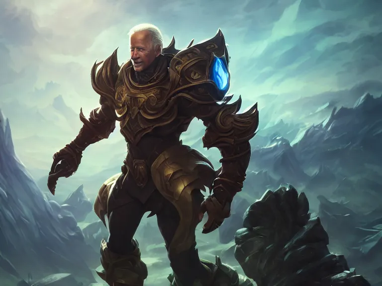 Image similar to full body portrait of joe biden, rule of thirds, low angle, action pose, fantastic background landscape, fantasy, sci - fi, league of legends champion splash art, by chengwei pan and huang guangjian and viktoria gavrilenko and artgerm and greg rutkowski, 8 k render, octane, trending on artstation