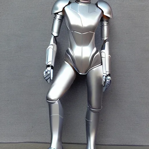 Prompt: Low poly Hot slim fit attractive steel cylon woman from battlestar galactica chrome cylon invasion centurion robot