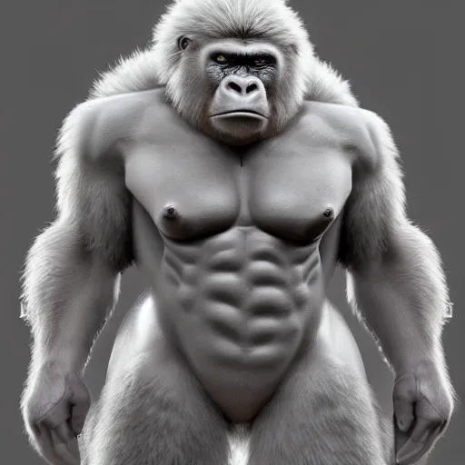 Prompt: angry tough rough looking albino gorilla. scars, battle damage, scratched armor, interesting 3 d character concept by square enix, in the style of league of legends, hyper detailed, character modeling, cinematic, final fantasy, video game character concept, ray tracing, fur details, maya, c 4 d